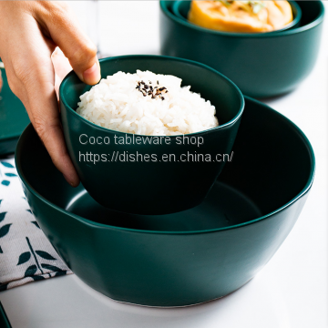 Ceramic dish Nordic food dish dish baking dish circular dish household tableware solid color web celebrity dark green