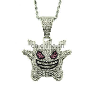 Hot sale Personality Funny Monster Elf Ghost Cartoon Micro Inlaid Purple Color Zircon Hip Hop Pendant Necklace