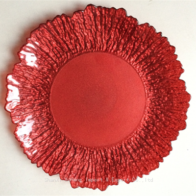 Sun Flower Designed Red Colored Glass Charger Plate For Wedding Event Table Decoration