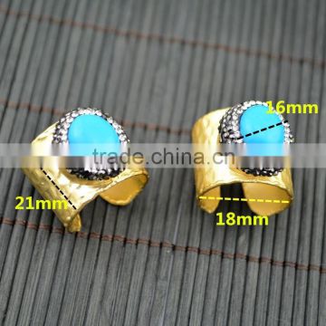 LFD-006R ~ Gold Plated Druzy Turquoise Stone Pave Rhinestone Crystal Charms Rings For Women Jewelry Finding