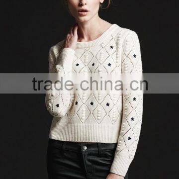 Cashmere sweater crew neck long sleeve pullover with pointelle and embroidery details