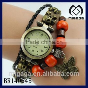 fashion wooden beads braided leather bracelet with watch*cool butterfly charm watch bracelet