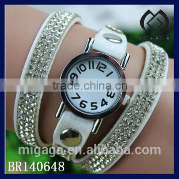 fashion white leather strap bracelet watch*multi rhinestone leather bracelet watch