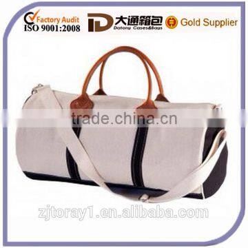 Adjustable Straps White Canvas Round Duffel Bag With Leather Handle