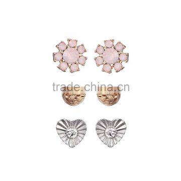 Rosegold Plated Pink Crystal Flower Silver Heart Shape Gold Yarn Ball Mixed Earring Pack