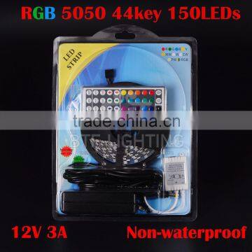 5M 150Leds/roll SMD 5050 30 leds/m Non-waterproof RGB LED Strip Light digital +44 key IR Remote controller+12v 3A power supply