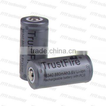 High capacity rechargable Trustfire button top battery cell 16340 880mah battery