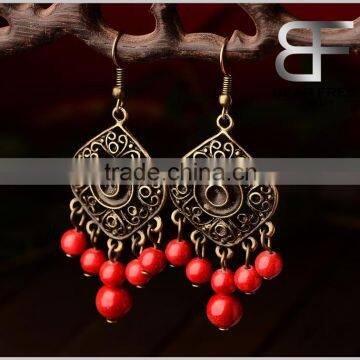 Retro Decorative Long Chandelier Drop Earrings Red Beads for women