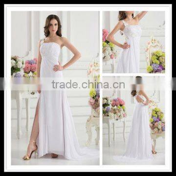 Real Sample One-shoulder Sequins Lace Applque Empire A-line White Split Bridesmaid Dress xyy07-020