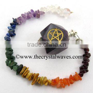 Amethyst Pentacle Engraved Hexagonal Pendulum With Chakra Chips Chain