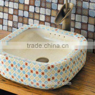 Handpainted ceramic art basin colorful countertop round sink porcelain flower edge bowl vanity top GD-F20