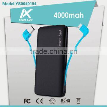 4000mAh Li-polymer battery Slim power bank with built-in cable