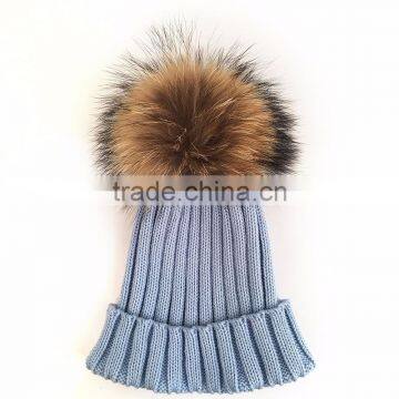 Myfur Adults Wholesale Winter Knitting Hat With Real Raccoon Fur Pom Pom