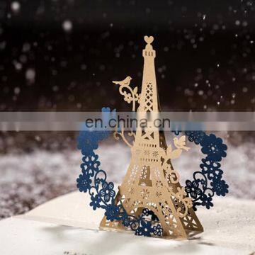 Hot sale blue 3D tower design wedding invitation cards models