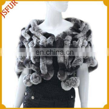 Women's fashion luxurious knitted rabbit fur shawl with fur pom poms fur cape