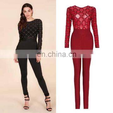 Fashion Women Autumn See Through Mesh Studded Long Sleeve Bodycon Bandage Pant Jumpsuits