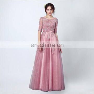 Youthful Popular A Line Floor Length Appliqued Tulle Scoop Lace-up Peplum Formal 1/2 Sleeve Custom Made Evening Dresses