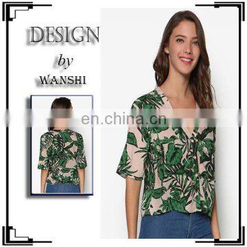 Latest Short Sleeve Tropical Print Shirt Fashion Blouse For Women Summer 2016