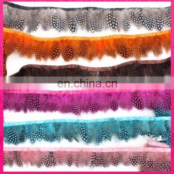 wholesale colorful dyed feather fringe chicken feather trim with satin ribbon