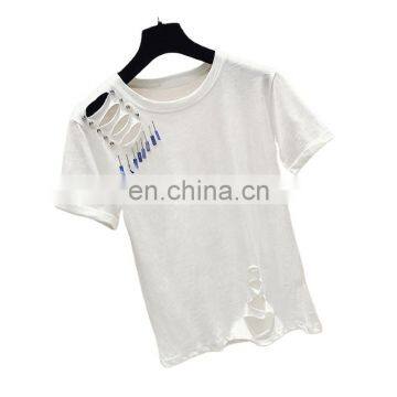 TWOTWINSTYLE Patchwork Hollow Out Women's T-shirts O Neck Short Sleeve Loose Korean