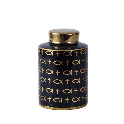 European Simple Style Straight Black Symbol Painting Hexagonal Cylinder Ceramic Vases  with Golden Lid For Dining room