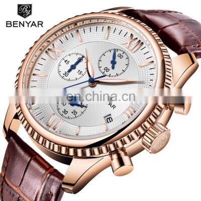 Benyar BY-5129M OEM Leather Men Quartz Watches Chronograph Logo Custom Watch Manufacturer