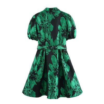 European and American Style Women's Jacquard Waist Cinched Single Breasted Bubble Sleeve Dress for Women photo-2