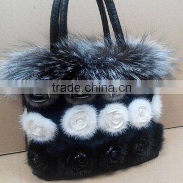 Brand New animal fur handbag with genuine leather leash and details