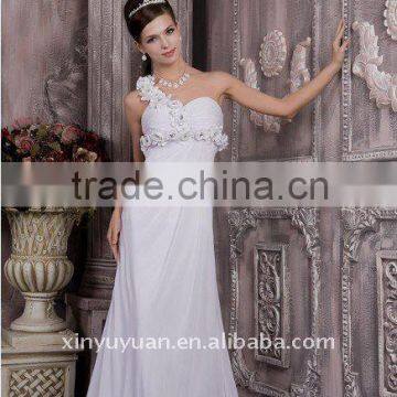 Real Picture Cheap One -Shoulder Ruffle With Handmade Flower Wedding Dress