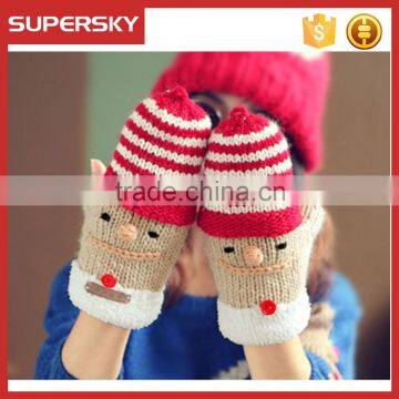 V-379 Handmade cute father christmas stripe cartton winter hand warmer gloves with button mitten glove