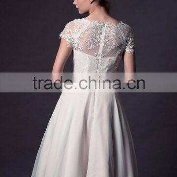 (MY0510) MARRY YOU 2016 Short Wedding Dress Boat Neckline Lace Bodice Chiffon Tea Length Wedding Dresses With Sleeves photo-3