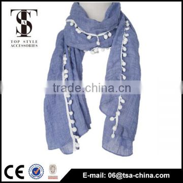 light blue color attached pom tassel cotton scarf