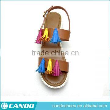 Latest Ladies Fancy Design Black pu Leathaer Flat Sandals With Ankle Tassel Strap Women Summer Shoes Pictures photo-2