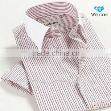 Latest design brand Italian style 100% cotton constract collar pink stripe short sleeve fashion dress men shirt