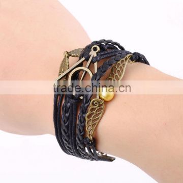 Owls wings charm leather Suede Wrap bracelet