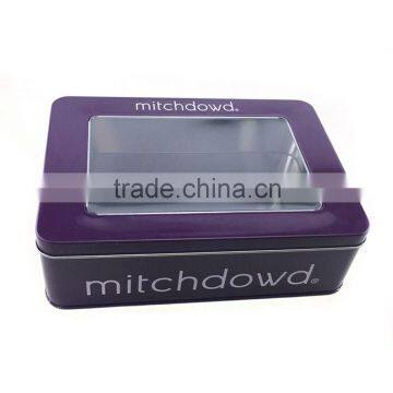 large rectangular t-shirt packaging tin box with window