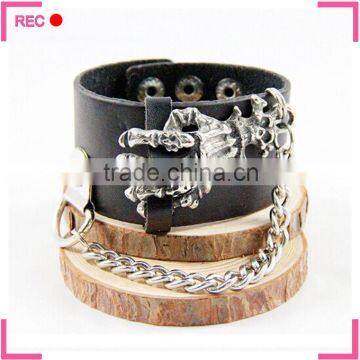 Mens leather bracelet wholesale, skull decoration boys bangles and bracelets