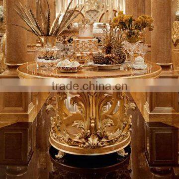 Luxury Gold Leaf Round Dinning Table With Chairs, Exquisite Wood Carved Furniture Dinning Room Set