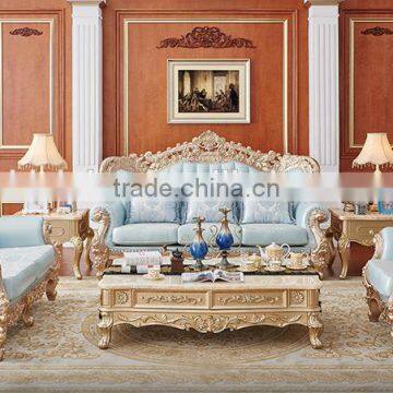 Champagne Gold Color Flower Hand Carving Light Blue Leather Sofa Set photo-2