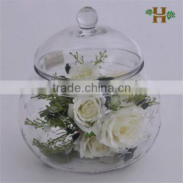 Carved suit round glass vase, handblown clear glass jar with carved flower