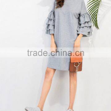 New Style Casual Straight Women Ruffle Sleeve Tee Dress Autumn Fashion Female Knee Length Grey Dresses photo-3