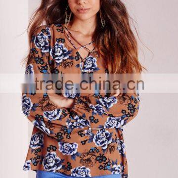 best selling ladies floral printed casual blouse low price