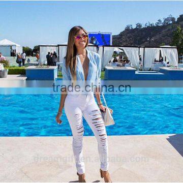 2016 Women Pants Ladies Casual White and Black With Waist-length Ripped Distressed Skinny Female Jeans photo-4