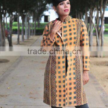 Vintage Kantha Long Jacket in Burnt Orange & Black ~ Medium