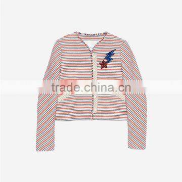 Ladies Cotton Leisure Style Striped Collarless Sequinned Patches Spring Jackets photo-6