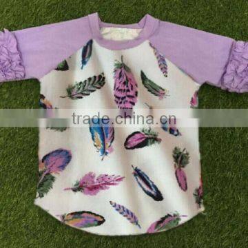 2016 boutique baby clothing feather baby frock design raglan shirt 3/4 sleeve baby girls clothes