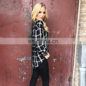 100% Viscose Deep V-neckline With Buttons Plaid Blouse for Lady photo-3