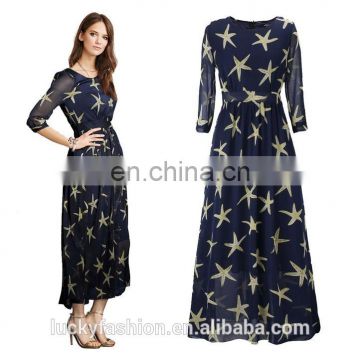 2016 BAIYIMO Pretty Womens Round Neck Mid Sleeve Stars Printed Ankle Length Chiffon Dress Plus Size