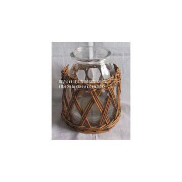 brown wicker flower basket with handle  willow floral basket  rattan wall planter with handle