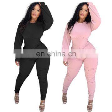 Casual Women Long Sleeves Back Zippers Bodysuit Skinny Raised Lines Pattern Outdoor Wear Stacked Jumpsuits photo-2